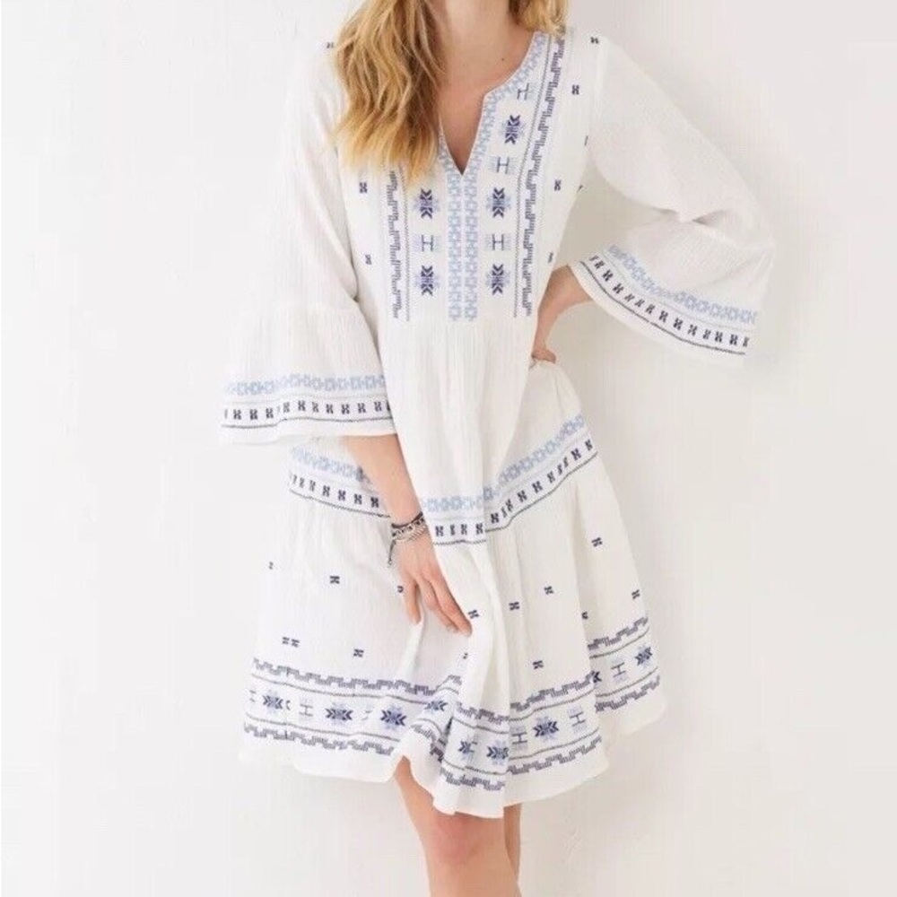 Fat Face Embroidered White and Blue Cotton Libby Dress